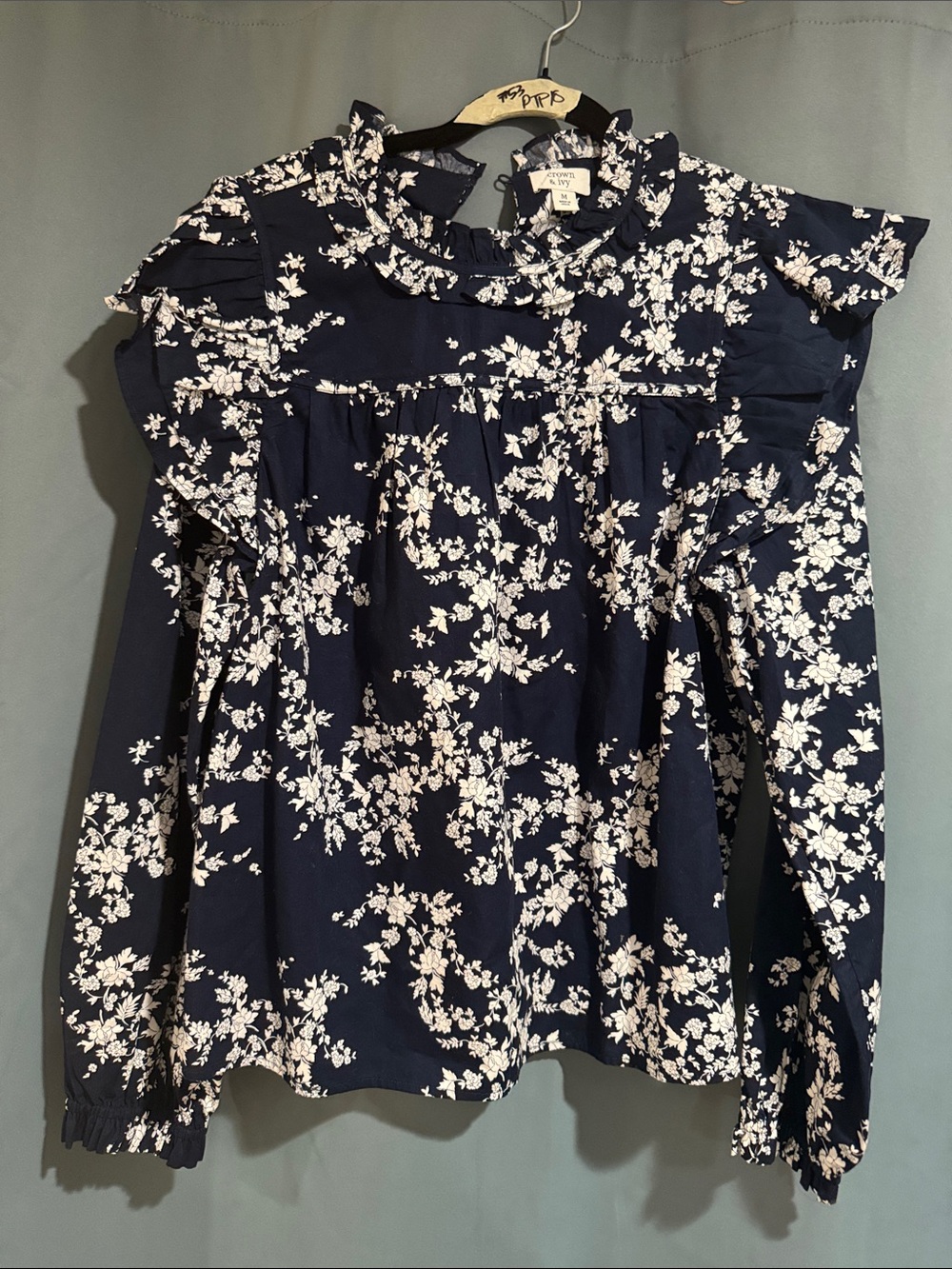 crown & ivy Navy and White Floral Ruffle-Neck Blouse